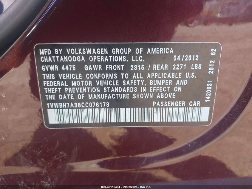 2012 Volkswagen Passat 2.5L Se VIN: 1VWBH7A38CC076178 Lot: 43118494
