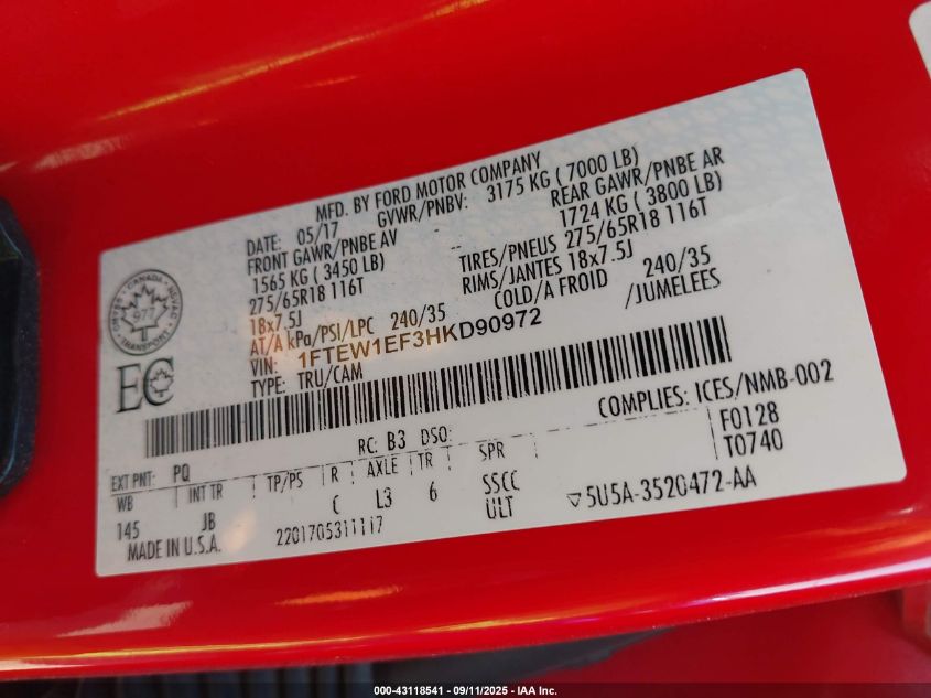 2017 Ford F-150 Xlt VIN: 1FTEW1EF3HKD90972 Lot: 43118541