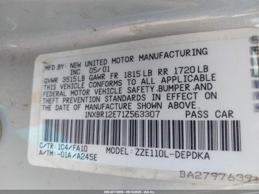 2001 Toyota Corolla Le VIN: 1NXBR12E71Z563307 Lot: 43118558