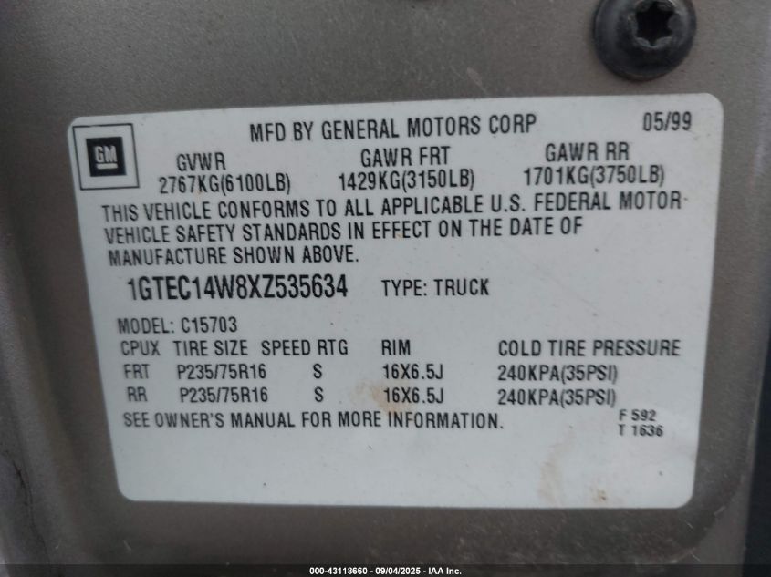 1999 GMC Sierra 1500 Sl VIN: 1GTEC14W8XZ535634 Lot: 43118660