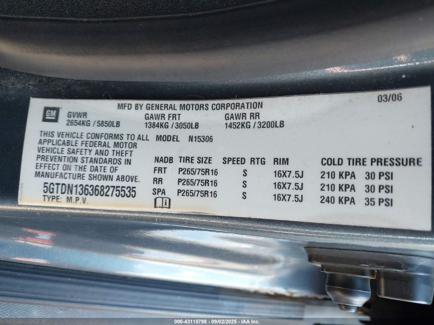 2006 Hummer H3 VIN: 5GTDN1363682755 Lot: 43118798