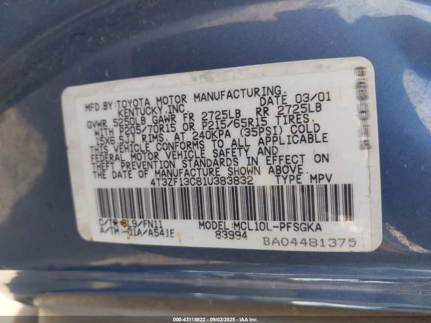 2001 Toyota Sienna Le VIN: 4T3ZF13C81U383832 Lot: 43118822