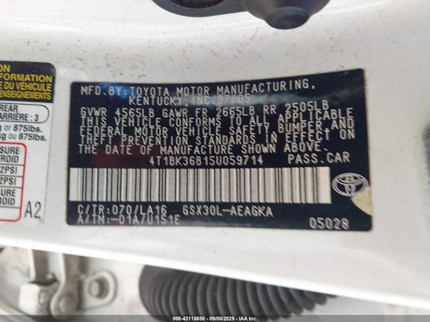 2005 Toyota Avalon Xls VIN: 4T1BK36B15U059714 Lot: 43118858