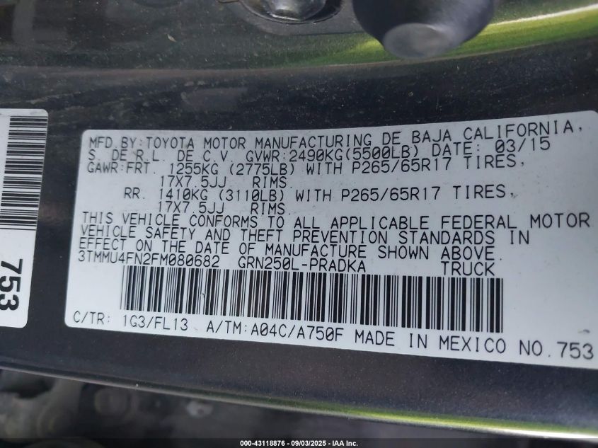2015 Toyota Tacoma Double Cab Long Bed VIN: 3TMMU4FN2FM080682 Lot: 43118876