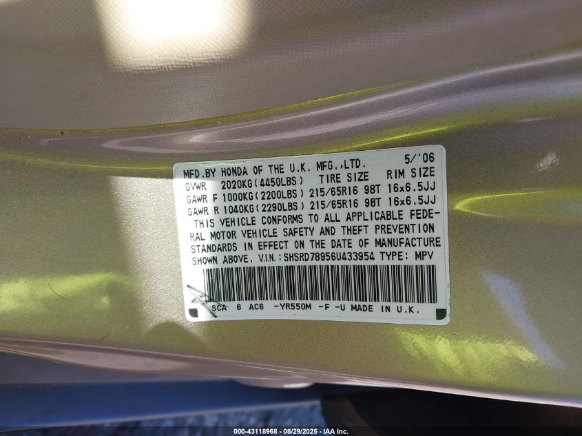 2006 Honda Cr-V Se VIN: SHSRD78956U433954 Lot: 43118968