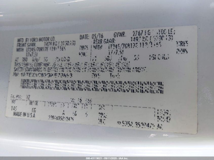 2016 Ford F-150 Xl VIN: 1FTEX1C89GKE78893 Lot: 43119021