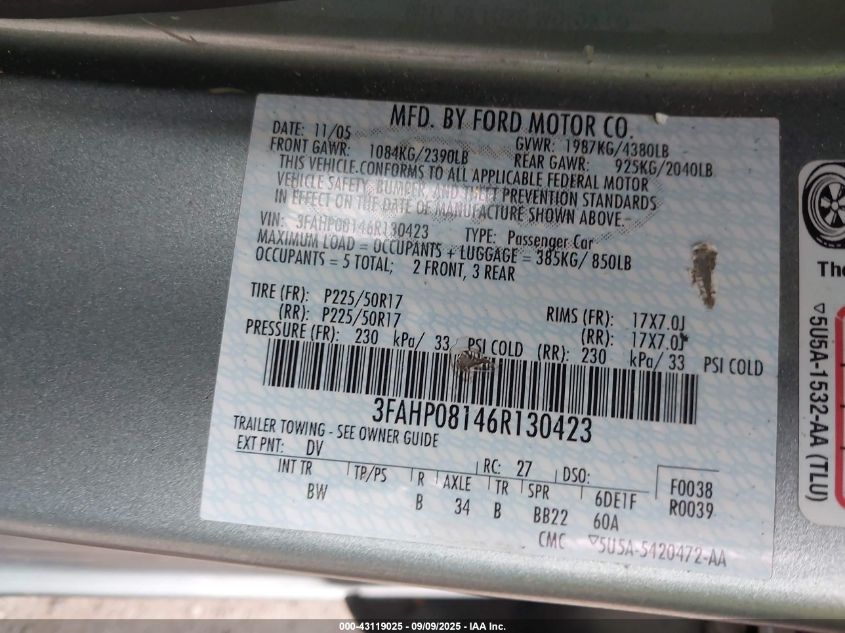 2006 Ford Fusion Sel VIN: 3FAHP08146R130423 Lot: 43119025