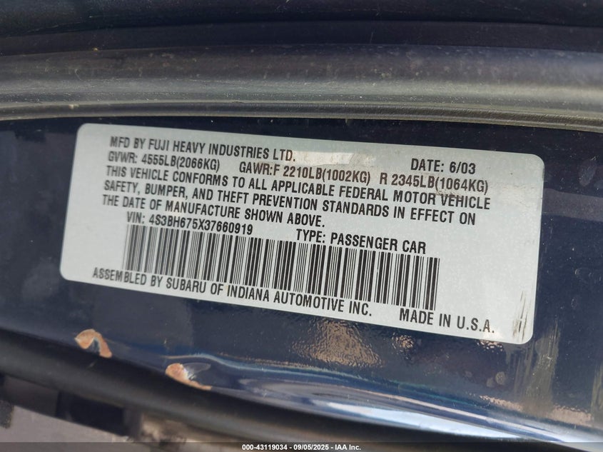 2003 Subaru Outback VIN: 4S3BH675X37660919 Lot: 43119034