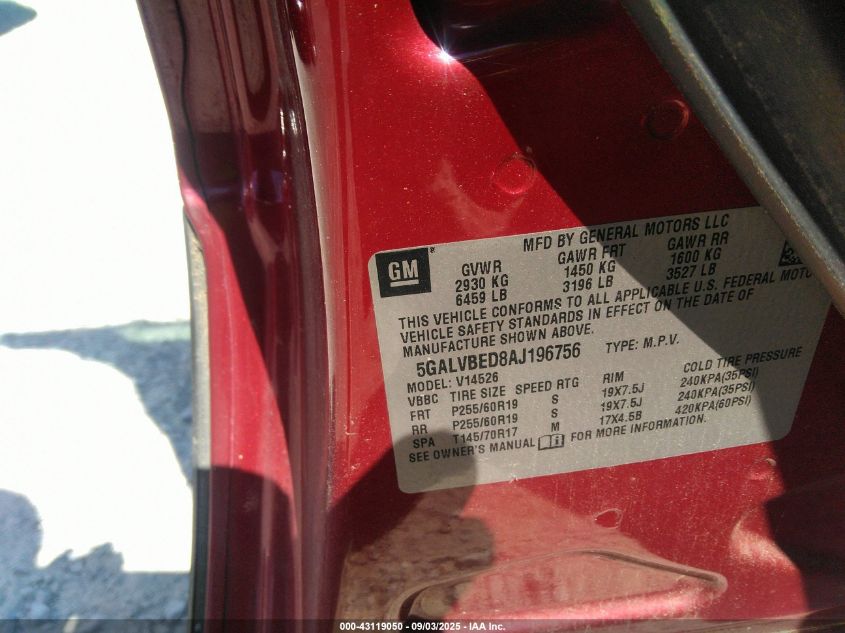 2010 Buick Enclave 1Xl VIN: 5GALVBED8AJ196756 Lot: 43119050