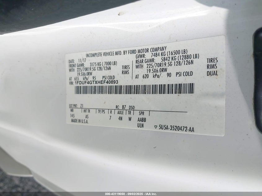 2017 Ford F-450 Chassis Xl VIN: 1FDUF4GTXHEF40893 Lot: 43119058