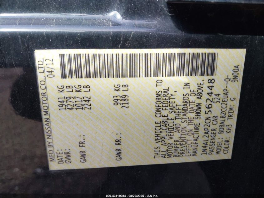 2012 Nissan Altima 2.5 S VIN: 1N4AL2AP2CN562448 Lot: 43119084