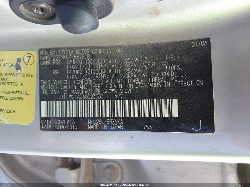 2006 Toyota Highlander Hybrid V6 VIN: JTEEW21A060023063 Lot: 43119115