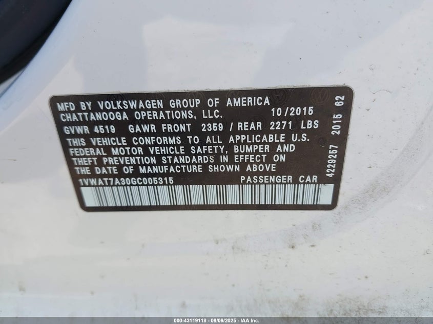 2016 VOLKSWAGEN PASSAT 1.8T S 1VWAT7A30GC005315