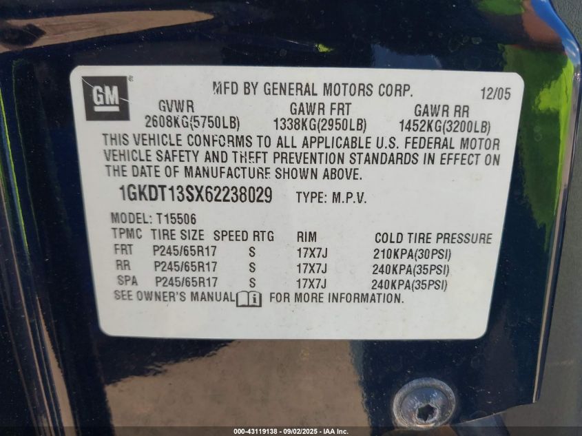 2006 GMC Envoy Sle VIN: 1GKDT13SX62238029 Lot: 43119138