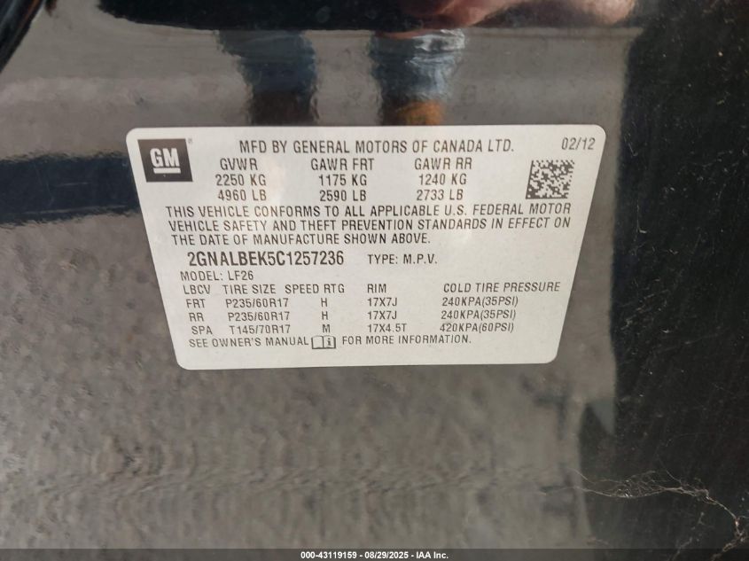 2012 Chevrolet Equinox Ls VIN: 2GNALBEK5C1257236 Lot: 43119159