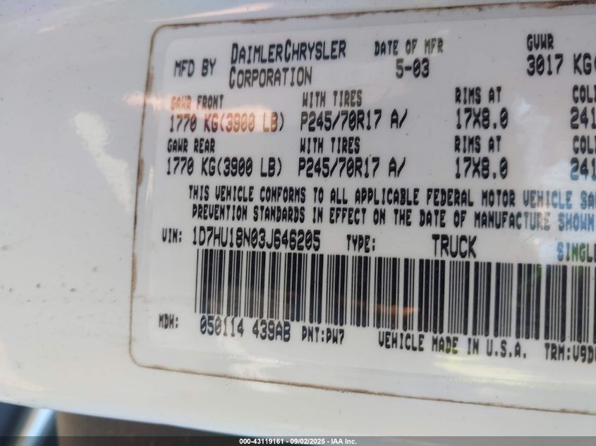 2003 Dodge Ram 1500 Slt/Laramie/St VIN: 1D7HU18N03J646205 Lot: 43119161
