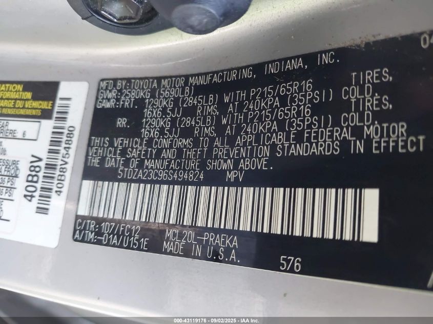 2006 Toyota Sienna Le VIN: 5TDZA23C96S494824 Lot: 43119176