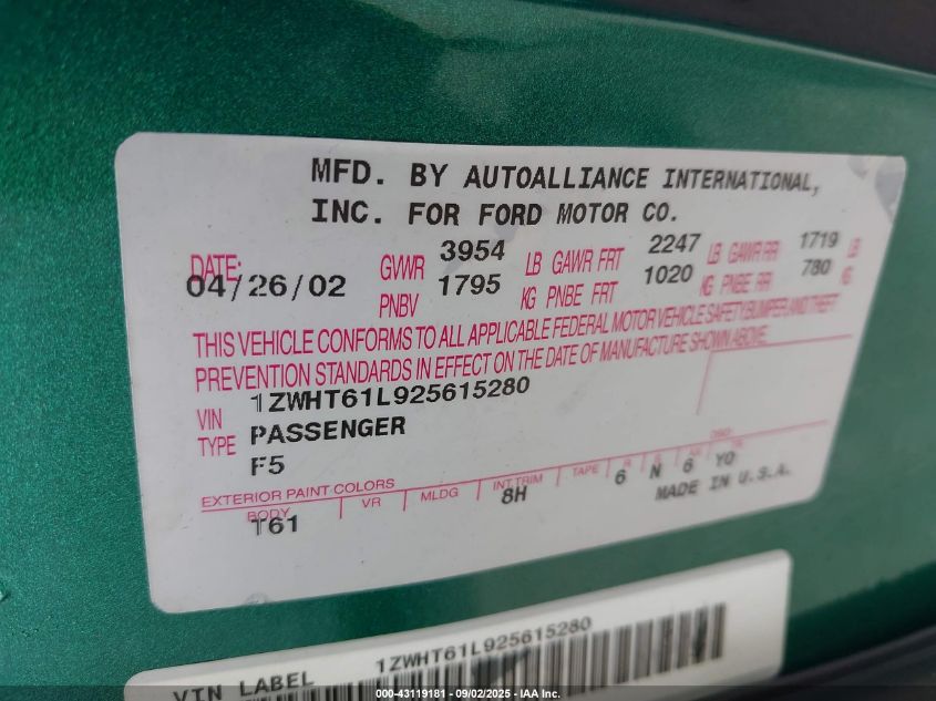 2002 Mercury Cougar V6 VIN: 1ZWHT61L925615280 Lot: 43119181