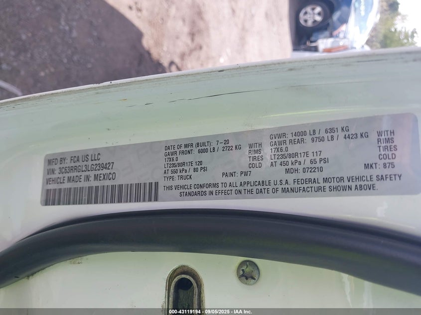 2020 Ram 3500 Tradesman 4X4 8' Box VIN: 3C63RRGL3LG239427 Lot: 43119194
