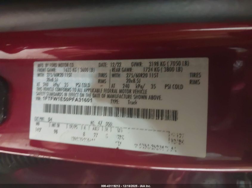 2023 Ford F-150 Platinum VIN: 1FTFW1E50PFA31601 Lot: 43119212