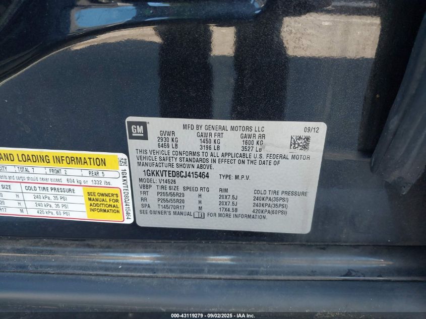 2012 GMC Acadia Denali VIN: 1GKKVTED8CJ415464 Lot: 43119279