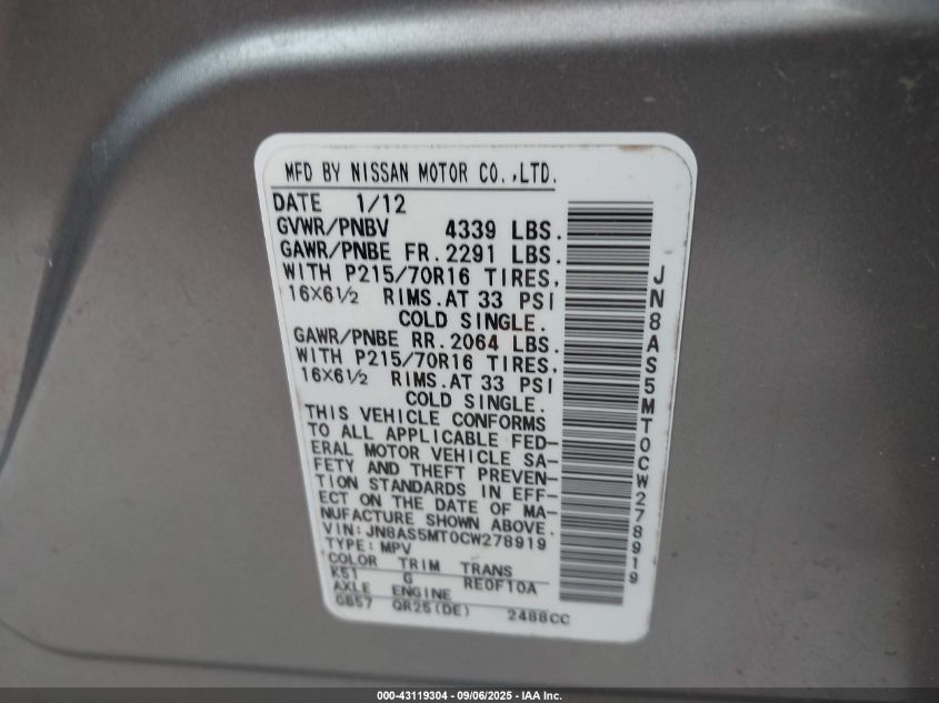 2012 Nissan Rogue S VIN: JN8AS5MT0CW278919 Lot: 43119304