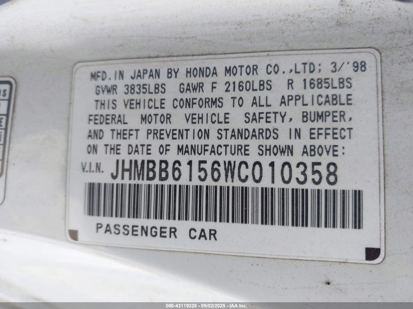 1998 Honda Prelude Type Sh VIN: JHMBB6156WC010358 Lot: 43119328