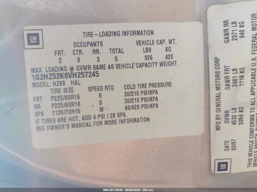 1997 Pontiac Sse VIN: 1G2HZ52K6VH257245 Lot: 43119345