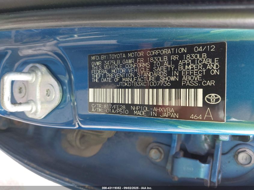 2012 Toyota Prius C VIN: JTDKDTB3XC1007736 Lot: 43119352