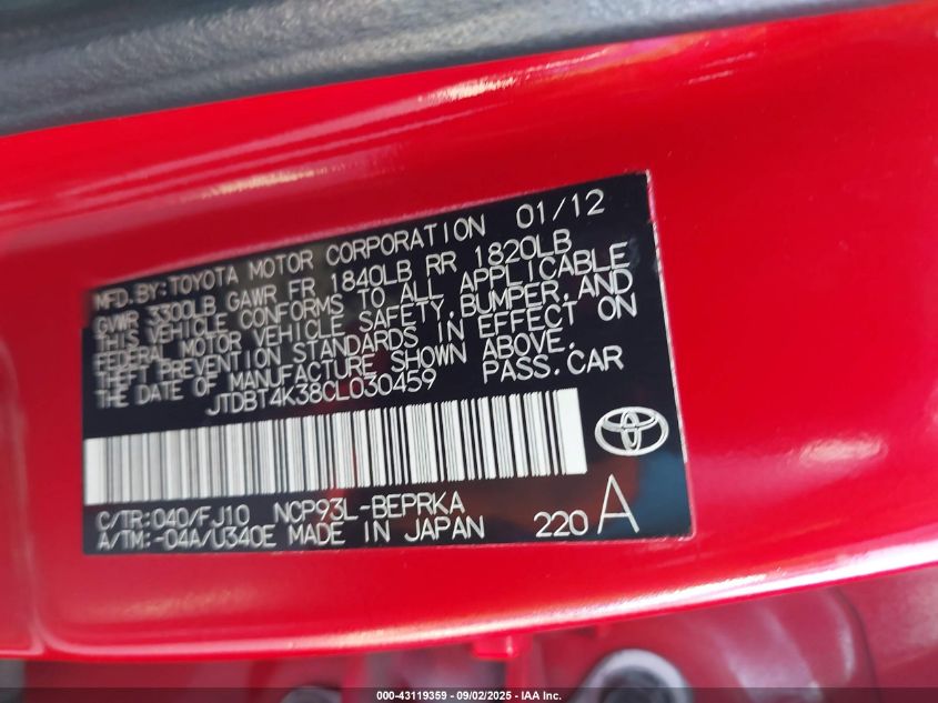 2012 Toyota Yaris VIN: JTDBT4K38CL030459 Lot: 43119359