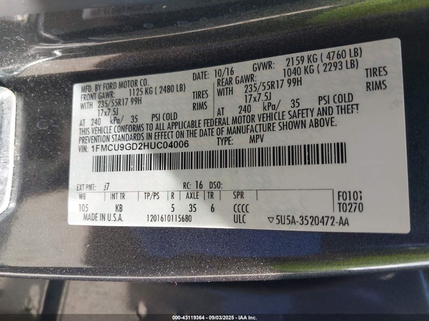 2017 Ford Escape Se VIN: 1FMCU9GD2HUC04006 Lot: 43119364