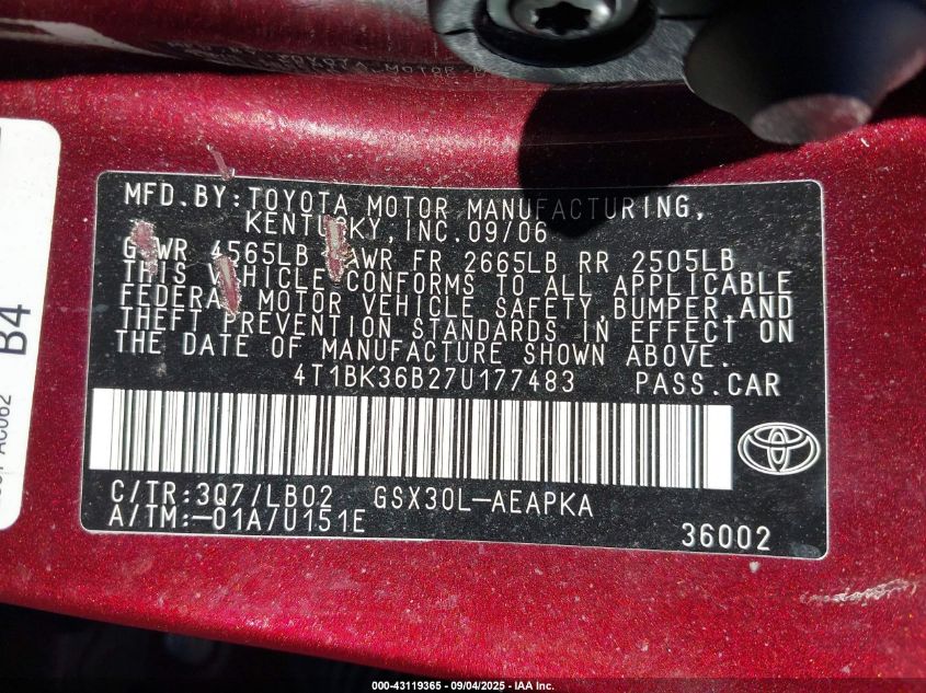 2007 Toyota Avalon Limited VIN: 4T1BK36B27U177483 Lot: 43119365