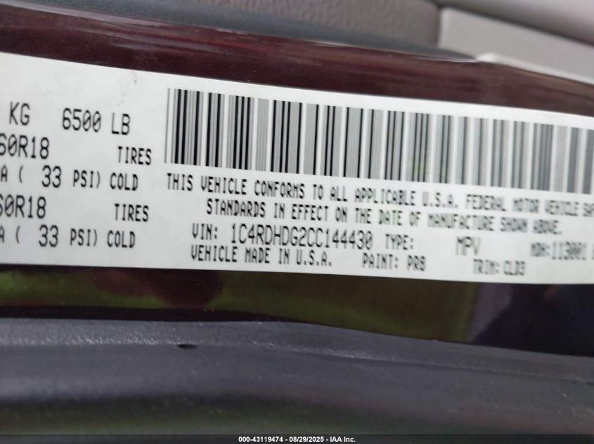 2012 Dodge Durango Crew VIN: 1C4RDHDG2CC144430 Lot: 43119474