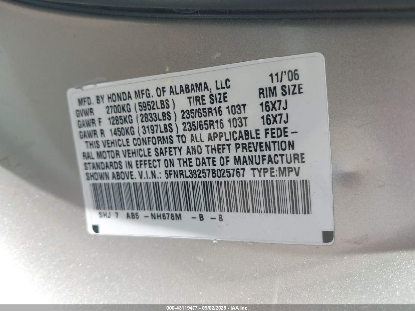 2007 Honda Odyssey Lx VIN: 5FNRL38257B025767 Lot: 43119477