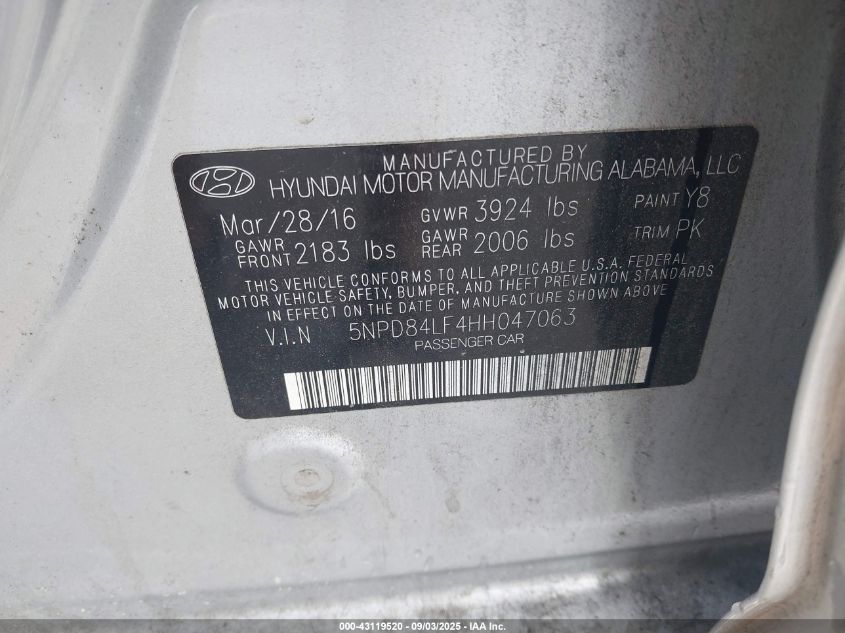 2017 Hyundai Elantra Se VIN: 5NPD84LF4HH047063 Lot: 43119520