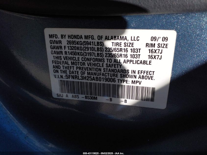 2010 Honda Odyssey Lx VIN: 5FNRL3H25AB019006 Lot: 43119525