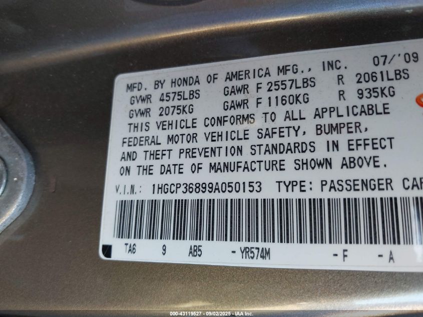 2009 Honda Accord 3.5 Ex-L VIN: 1HGCP36899A050153 Lot: 43119527