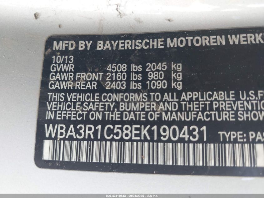 2014 BMW 435I VIN: WBA3R1C58EK190431 Lot: 43119533