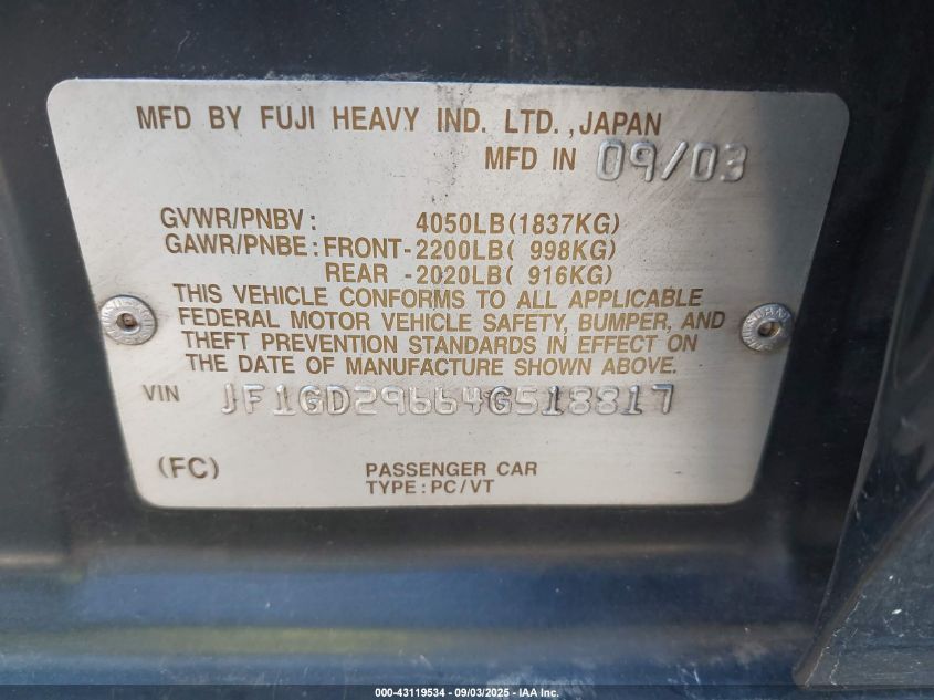 2004 Subaru Impreza Wrx VIN: JF1GD29664G518817 Lot: 43119534