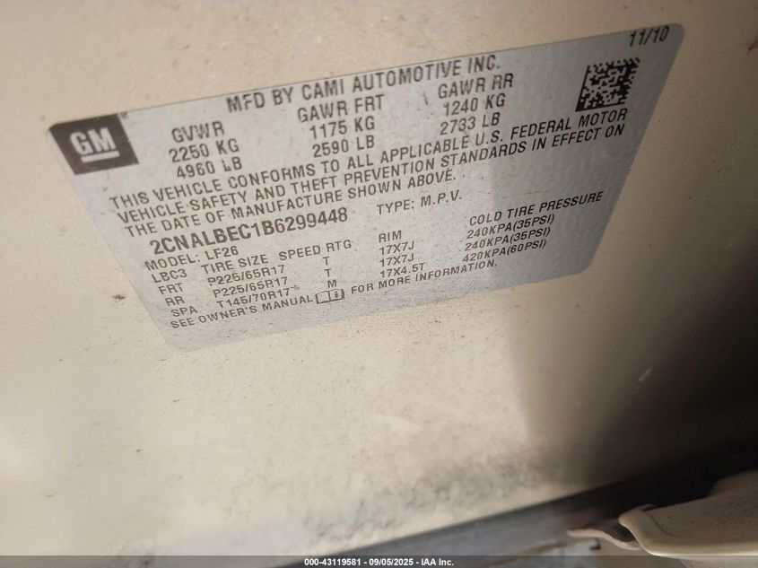 2011 Chevrolet Equinox Ls VIN: 2CNALBEC1B6299448 Lot: 43119581