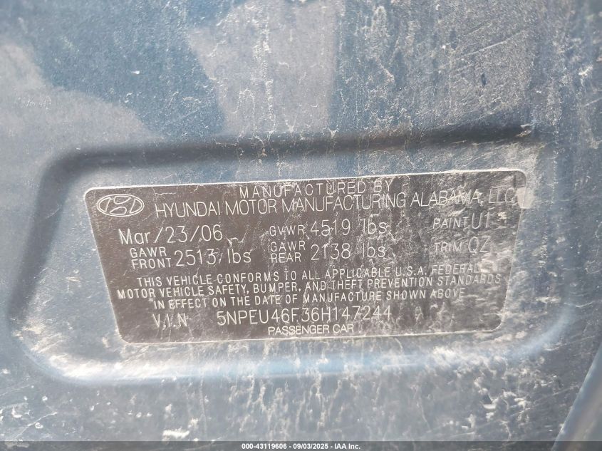 2006 Hyundai Sonata Gls V6/Lx V6 VIN: 5NPEU46F36H147244 Lot: 43119606