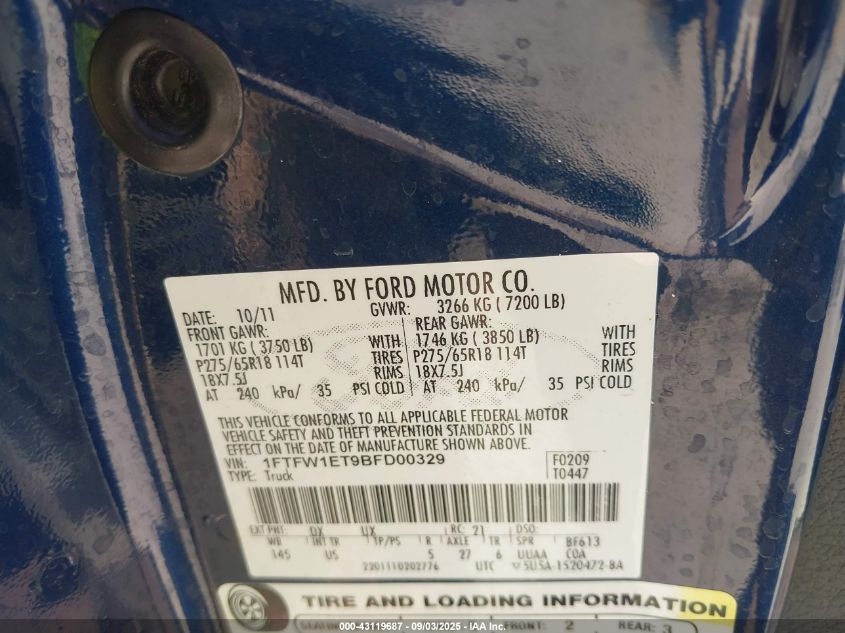 2011 Ford F-150 Xlt VIN: 1FTFW1ET9BFD00329 Lot: 43119687