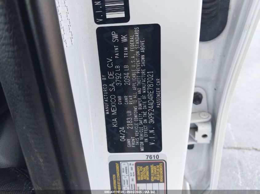 2024 Kia Forte Lxs VIN: 3KPF24AD4RE787021 Lot: 43119728