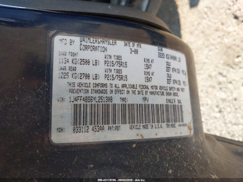 2000 Jeep Cherokee Sport VIN: 1J4FF48S6YL251308 Lot: 43119786