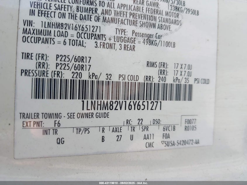 2006 Lincoln Town Car Signature Limited VIN: 1LNHM82V16Y651271 Lot: 43119810