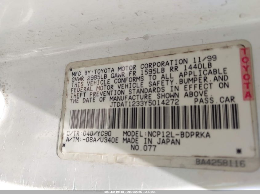 2000 Toyota Echo VIN: JTDAT1233Y5014272 Lot: 43119818