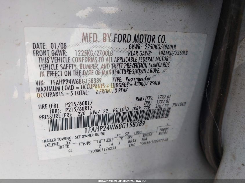2008 Ford Taurus Sel VIN: 1FAHP24W68G158389 Lot: 43119879