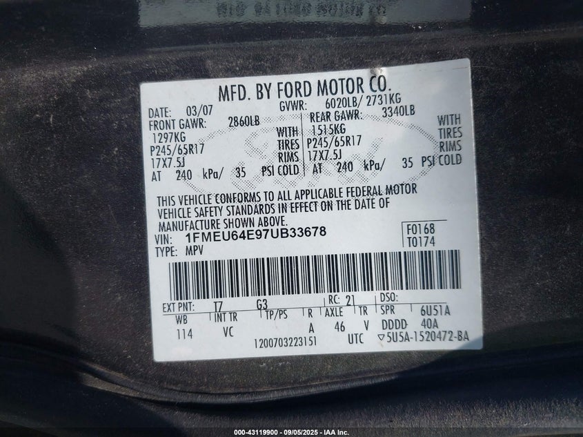 2007 Ford Explorer Eddie Bauer VIN: 1FMEU64E97UB33678 Lot: 43119900