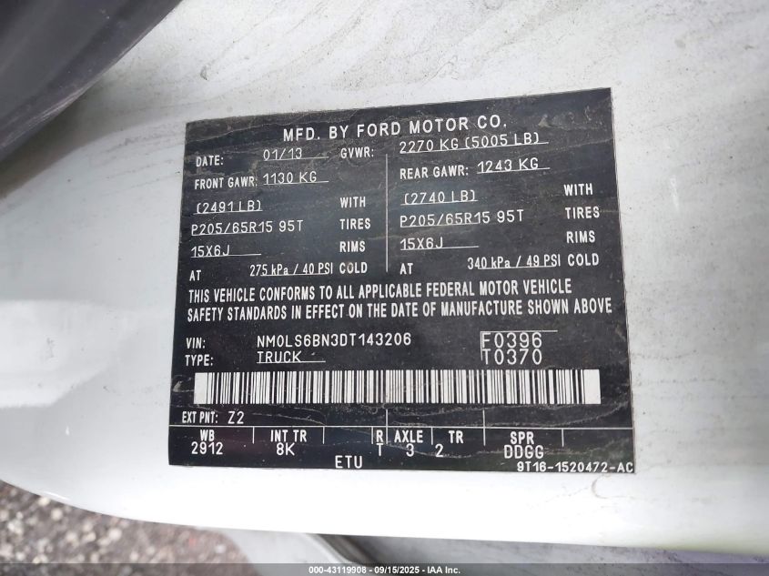 2013 Ford Transit Connect Xlt VIN: NM0LS6BN3DT143206 Lot: 43119908