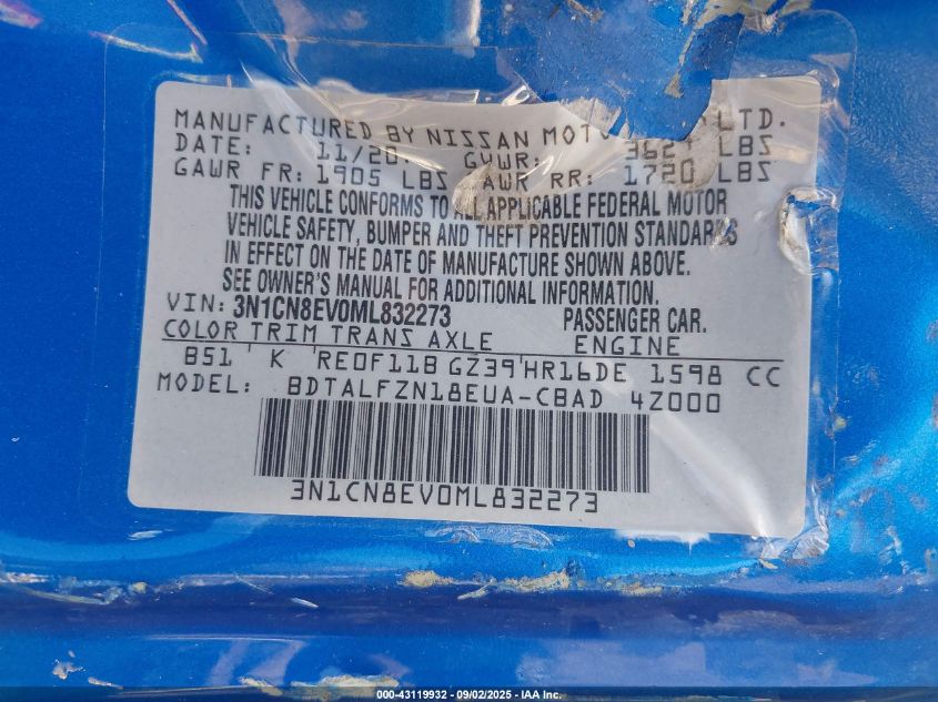 2021 Nissan Versa Sv Xtronic Cvt VIN: 3N1CN8EV0ML832273 Lot: 43119932